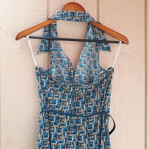 Vintage Dress Mod Wing Collared Halter Backless Belted 3D Squares Teal Size M - Picture 7 of 8